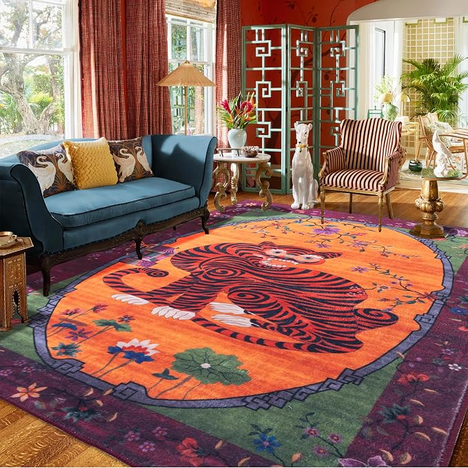 Vintage Tiger Rug Washable 6x9 Oriental Traditional Animal Print Fuchsia Floral by CILEPMID-TimelessComfort