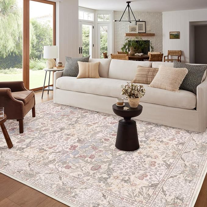 8x10 Washable Area Rug for Living Room, Large Beige Floral Rugs, Soft Non-Slip - Image 8