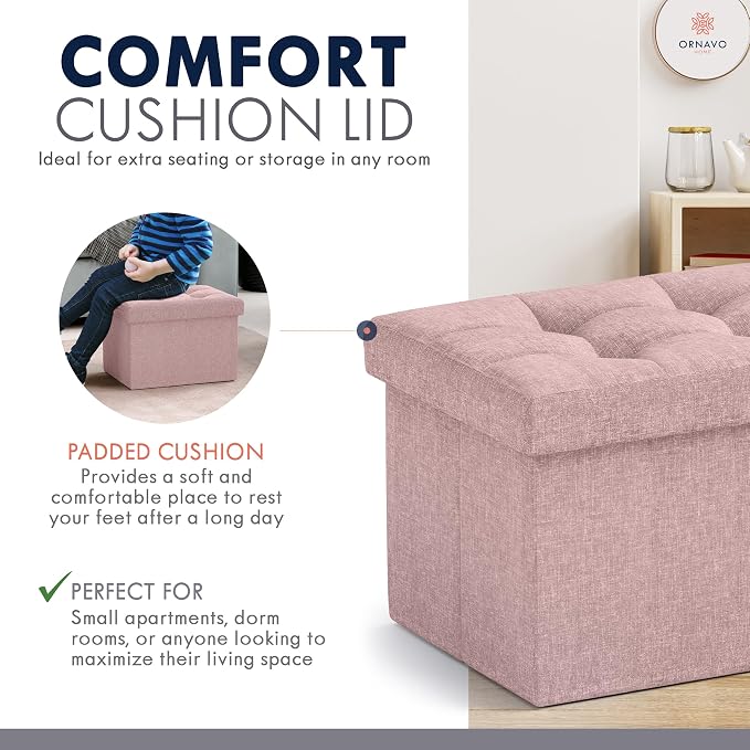 Ornavo Home Small Storage Ottoman Foldable Collapsible Rectangle Linen Ottoman - Image 6