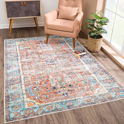 Bloom Rugs Washable Non-Slip 9' x 12' Rug - Orange/Blue Traditional Area Rug for Living Room, Bedroom, Dining Room, and Kitchen - Exact Size: 9' x 12'