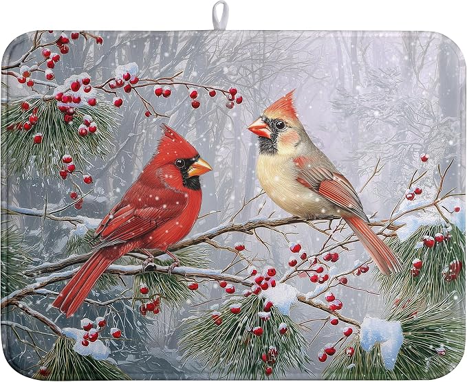 Winter Cardinal Birds Dish Drying Mats Christmas Snowflake Dish Mat Kitchen by farg