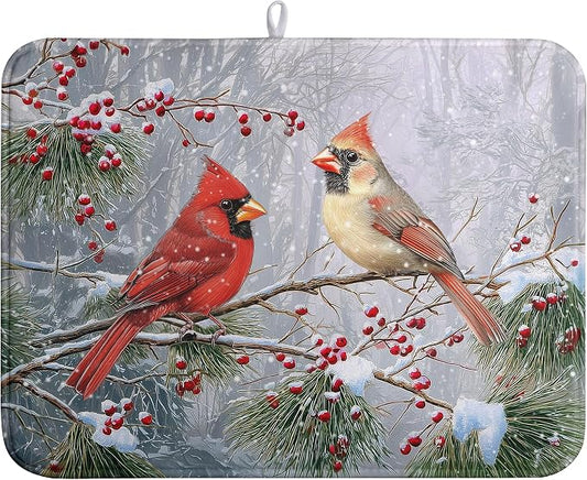 Winter Cardinal Birds Dish Drying Mats Christmas Snowflake Dish Mat Kitchen by farg