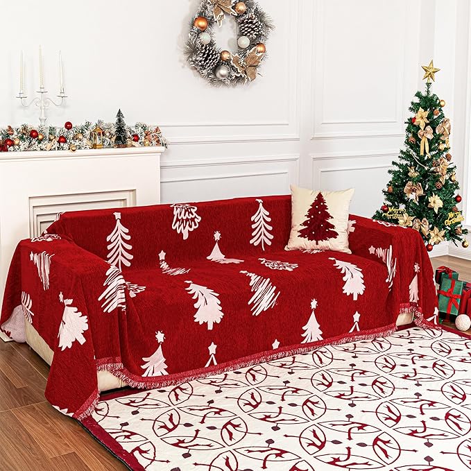 MYSKY HOME 71X102 inches Chair Christmas Couch Cover, Sectional Sofa Covers Sofa Slipcover for 1 Cushion Couch, L Shape Couch Covers for Dogs, Kids, Washable Sofa Blanket, Furniture Protector, Red