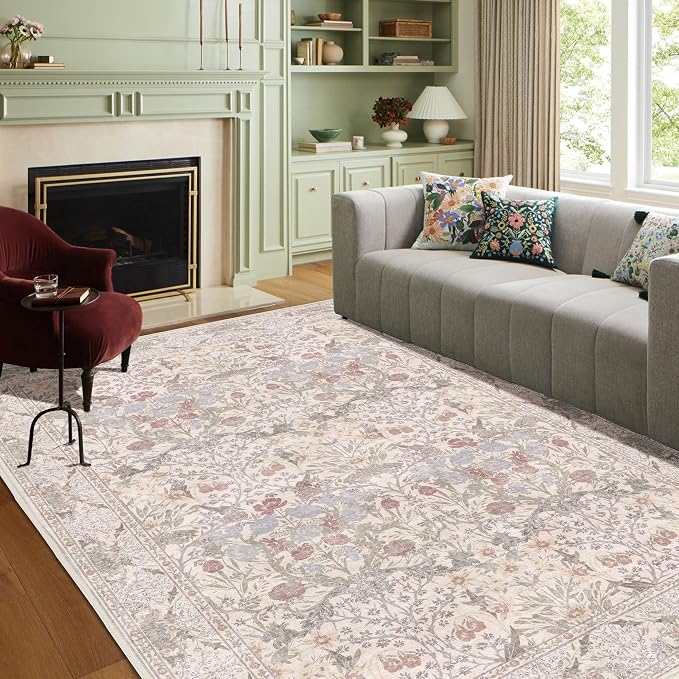 6x9 Floral Living Room Rug: Vintage Beige Washable Rug Floral Soft Carpet - Image 5