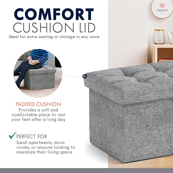 Ornavo Home Small Storage Ottoman, Foldable Collapsible Rectangle Linen Ottoman - Image 6