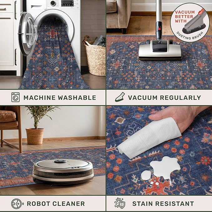 Navy Blue Washable 10 ft Long Runner for Kitchen Floor - 2'6"X10' Runner Rug for Hallway, Entryway, Pet Friendly Waterproof Non Slip with Rubber Backing, Stain Resistant Area Rug