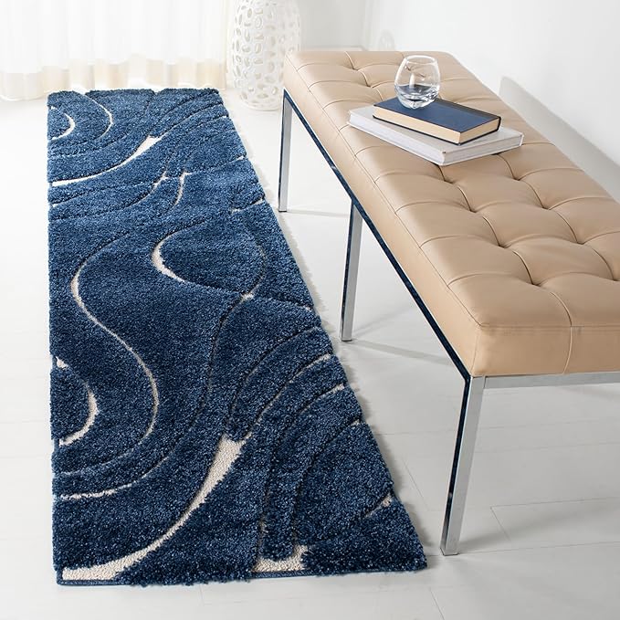 SAFAVIEH Florida Shag Collection Runner Rug - 2'3" x 9', Navy & Ivory, Non-Shedding & Easy Care, 1.2-inch Thick Ideal for High Traffic Areas in Living Room, Bedroom (SG471-6512)