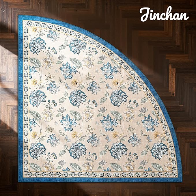 jinchan Elora Floral Corner Rug for Entryway Washable Rug Vintage Romance Design Non Slip Quarter Circle Lightweight Low-Pile Throw Carpet for Playroom Reading Nook Nursery, 4ft Radius, Blue/Beige