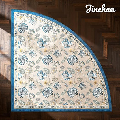 jinchan Elora Floral Corner Rug for Entryway Washable Rug Vintage Romance Design Non Slip Quarter Circle Lightweight Low-Pile Throw Carpet for Playroom Reading Nook Nursery, 4ft Radius, Blue/Beige