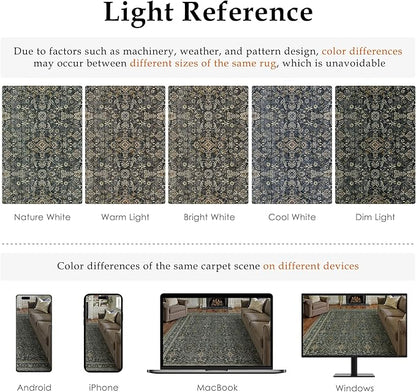 8x10 Area Rug for Living Room Black Vintage Washable Bedroom Carpet Traditional Distressed Soft Non Slip Indoor Large Accent Rug Retro Thin Low Pile Floor Cover for Dining Room Playroom