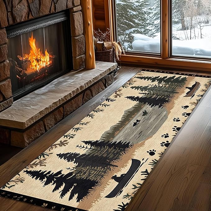 Vintage Bear Claw Fishing Boat Rug 3.3x7ft Elk Pine Forest Bohemian Carpet, Non-Slip Nursery Rug with Washable Surface, Brown Retro Floor Mat for Cabin Decor