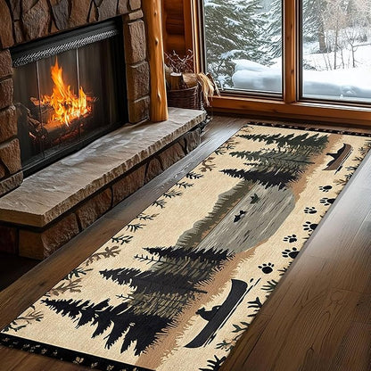 Vintage Bear Claw Fishing Boat Rug 3.3x7ft Elk Pine Forest Bohemian Carpet, Non-Slip Nursery Rug with Washable Surface, Brown Retro Floor Mat for Cabin Decor