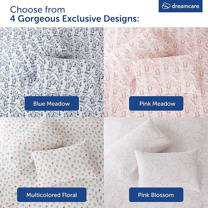 DREAMCARE Queen Size Sheets - Floral Sheets Queen Size Bed Set - 4pcs Queen Sheet Set - Cooling Bed Sheets - Queen Size Sheet Sets - Soft & Long Lasting 100% Brushed Floral Bed Set - Floral Pink