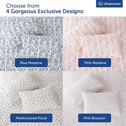 DREAMCARE Queen Size Sheets - Floral Sheets Queen Size Bed Set - 4pcs Queen Sheet Set - Cooling Bed Sheets - Queen Size Sheet Sets - Soft & Long Lasting 100% Brushed Floral Bed Set - Floral Pink