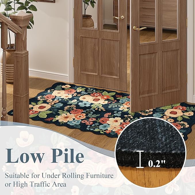 DUKINO 2.6x8 Runner Rug for Hallway, Washable Kitchen Rug with Non Slip Backing & Non-Shediing, Soft Low Pile Floral Design Runner for Bedroom, Kithchen, Living Room, Laundry, Bathroom, Navy Blue