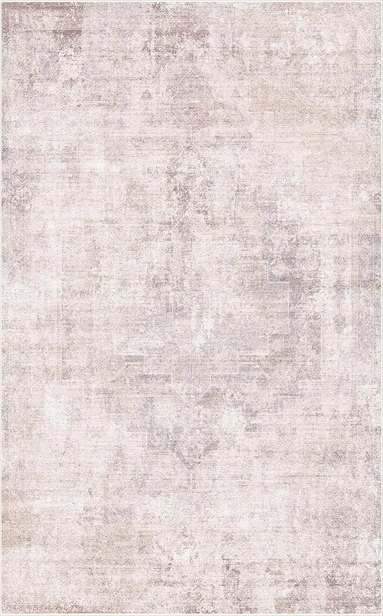 Modern Washable Bedroom Area Rug 5x8, Abstract Rugs for Living Room, Dining Room, Kids Room Girls, Pink and Grey Distressed Medallion Pattern, Non Slip Low Pile Stain Resistent