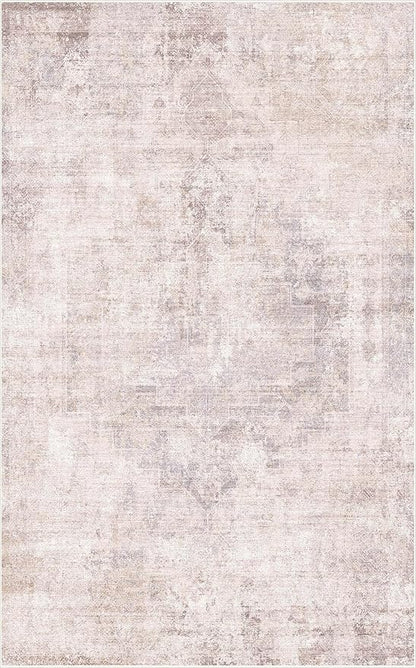 Modern Washable Bedroom Area Rug 5x8, Abstract Rugs for Living Room, Dining Room, Kids Room Girls, Pink and Grey Distressed Medallion Pattern, Non Slip Low Pile Stain Resistent