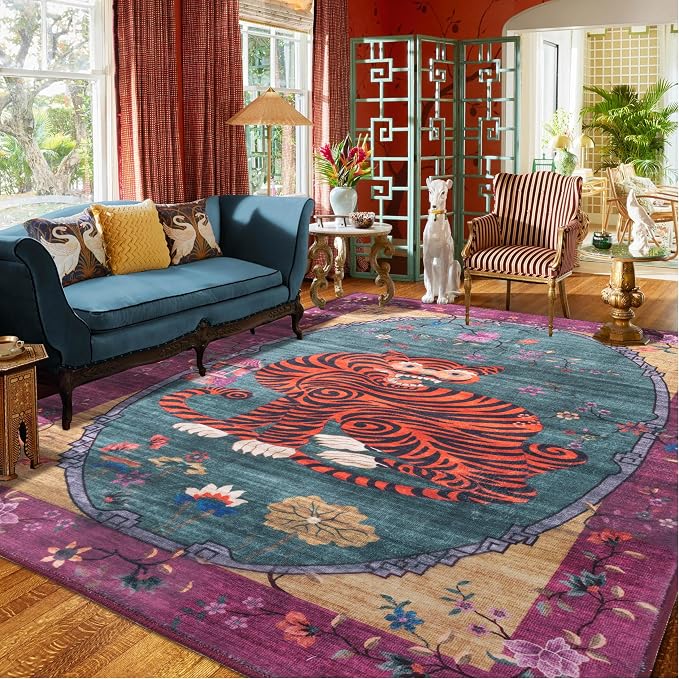 5X7 ft Tiger Rug Washable Oriental Traditional Animal Print Purple-Green Floral by CILEPMID-TimelessComfort
