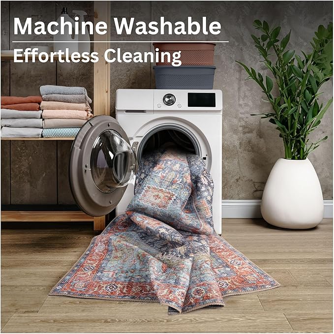 Bloom Rugs Washable Non-Slip 9' x 12' Rug - Terracotta/Blue Traditional Medallion Area Rug for Living Room, Bedroom, Dining Room, and Kitchen - Exact Size: 9' x 12'
