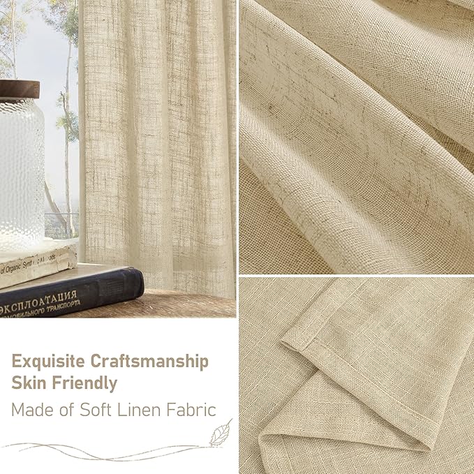 LAMIT 96 inch Linen Curtains for Bedoom, Light Filtering Semi Sheer Panels Back Tab and Rod Pocket Floor to Ceiling Curtains for Living Room, 2 Panels Set, Linen, 52 x 96 Inch