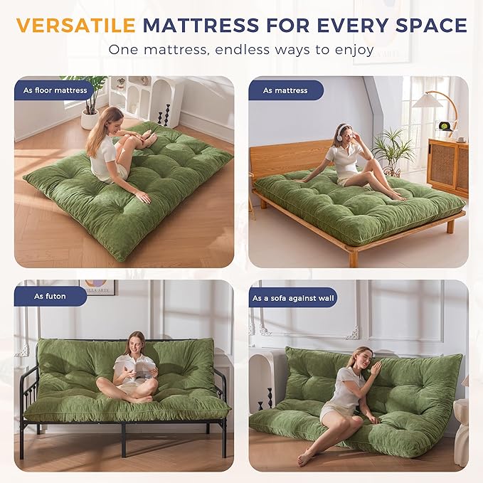 MAXYOYO Japanese Floor Mattress Full Size, 6" Foldable Futon Mattress Tufted Roll Up Floor Bed, Thick Chenille Tatami Mat Sleeping Pad for Camping Guest Room Dormitory Bedroom RV, Green