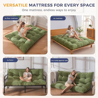 MAXYOYO Japanese Floor Mattress Full Size, 6" Foldable Futon Mattress Tufted Roll Up Floor Bed, Thick Chenille Tatami Mat Sleeping Pad for Camping Guest Room Dormitory Bedroom RV, Green