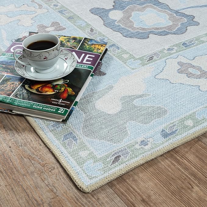 Fame Living Cream Blue Oushak Rug, Modern, Vintage, Turkish, Eclectic, Floral, Pastel, Washable, Extra Large Area Rugs for Living Room, Dining, Bedroom, Lounge, 9'x12'