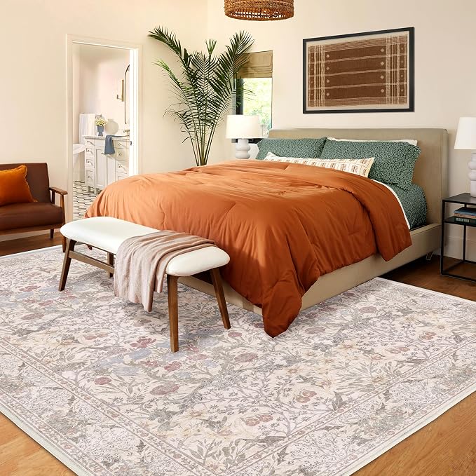8x10 Washable Area Rug for Living Room, Large Beige Floral Rugs, Soft Non-Slip - Image 4
