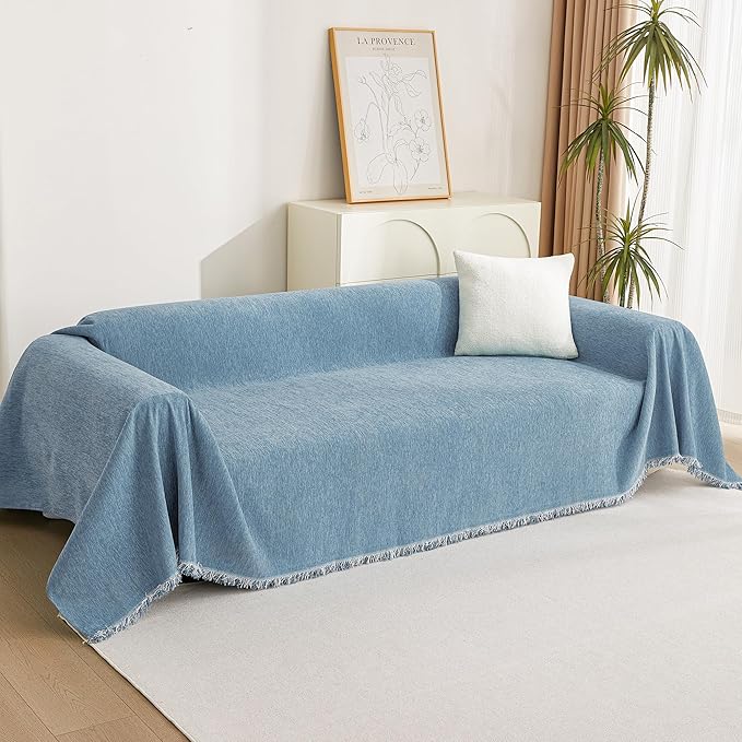 MYSKY HOME Chenille Couch Cover, Sofa Slipcover for 2-3 Cushion Sectional Couch, Machine Washable Soft Furniture Protector with Tassels, Futon Sofa Covers, Throw for Dogs, Kids 71" x 150", Blue