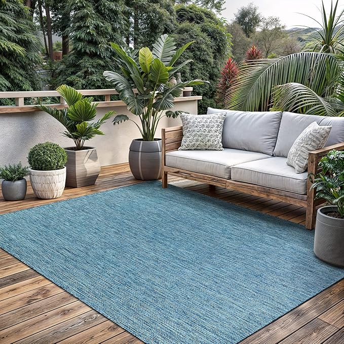Washable Indoor Outdoor Rug Weather Resistant Carpet Modern Solid for Porch Deck Balcony Backyard Patio Rug 5x7 Aqua Blue