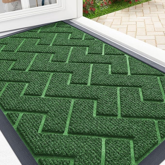 OLANLY Front Door Mat Indoor Outdoor Entrance, Waterproof All-Season, All-Weather Doormat, Sturdy Natural Rubber, Low Profile, Easy Clean Patio Porch Entryway Mat, Herringbone Brick (Green, 71x23)