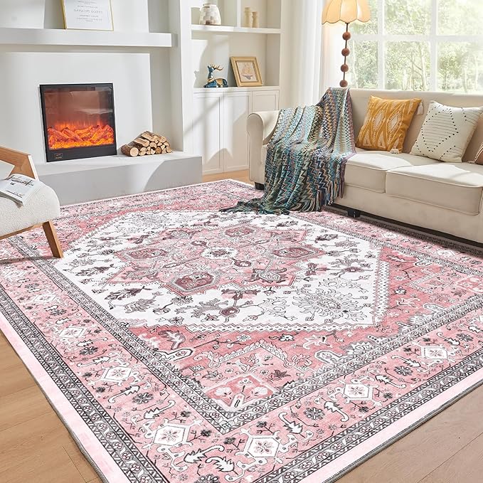 OPPODREAM Thin 6x9 Area Rugs, Washable Rug 6x9 with Non Slip Backing, Faux Cashmere Low-Pile 6 x 9 Carpet, Pink & Cream