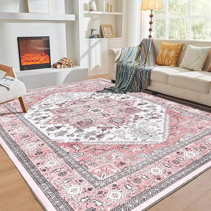 OPPODREAM Thin 6x9 Area Rugs, Washable Rug 6x9 with Non Slip Backing, Faux Cashmere Low-Pile 6 x 9 Carpet, Pink & Cream
