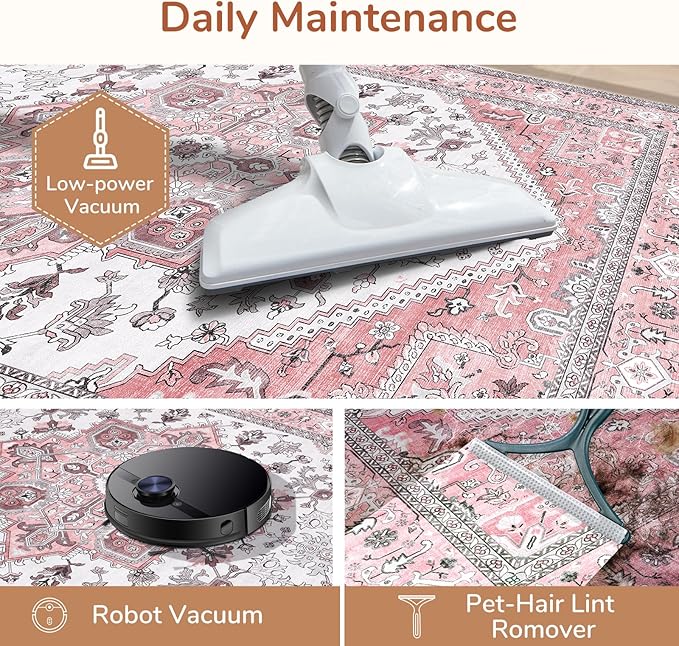 OPPODREAM Thin 6x9 Area Rugs, Washable Rug 6x9 with Non Slip Backing, Faux Cashmere Low-Pile 6 x 9 Carpet, Pink & Cream