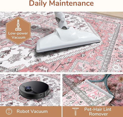OPPODREAM Thin 6x9 Area Rugs, Washable Rug 6x9 with Non Slip Backing, Faux Cashmere Low-Pile 6 x 9 Carpet, Pink & Cream