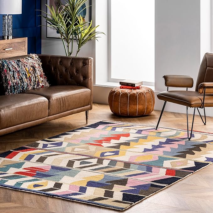 Nuloom Ofelia Handmade, Multicolor/Black, 3' x 5', Geometric, Wool, Soft and Cozy, High Traffic, Stain Resistant, Easy Clean, Durable Runner for Bedroom, Living Room, Dining, Den, Foyer