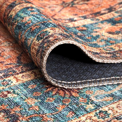 Bloom Rugs Washable Non-Slip 9' x 12' Rug - Orange/Teal Blue Traditional Bordered Area Rug for Living Room, Bedroom, Dining Room, and Kitchen - Exact Size: 9' x 12'