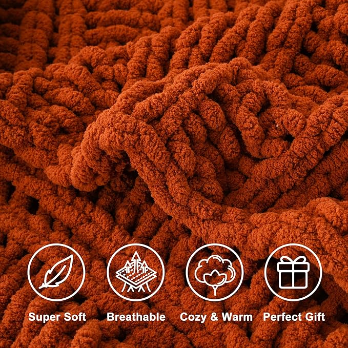 Battilo Orange Chunky Knit Throw Blanket for Couch, Fall Throw Blanket, Rust Throw Fall Decorations, Thick Warm Cozy Soft Chenille Throw Blanket for Sofa, Bed, Living Room, 50"x60"