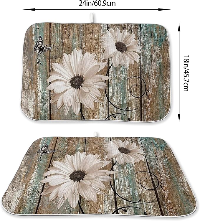 Rustic Daisy Dish Drying Mats 18x24 Inch Vintage Sunflowers on Wooden Board - Image 2
