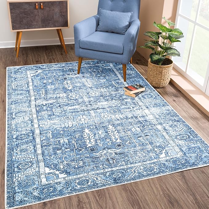 Bloom Rugs Washable Non-Slip 6' x 9' Rug - Blue Traditional Area Rug for Living Room, Bedroom, Dining Room, and Kitchen - Exact Size: 6' x 9'