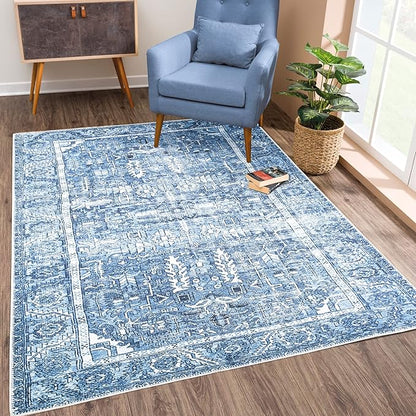 Bloom Rugs Washable Non-Slip 6' x 9' Rug - Blue Traditional Area Rug for Living Room, Bedroom, Dining Room, and Kitchen - Exact Size: 6' x 9'