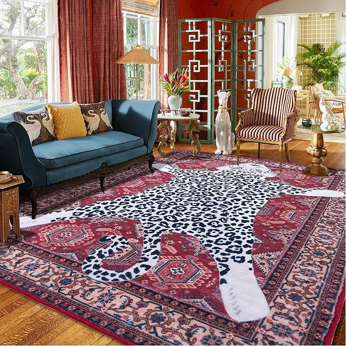 Oriental Leopard Rug 6x9 ft Washable Traditional Red Persian Rug by CILEPMID-TimelessComfort