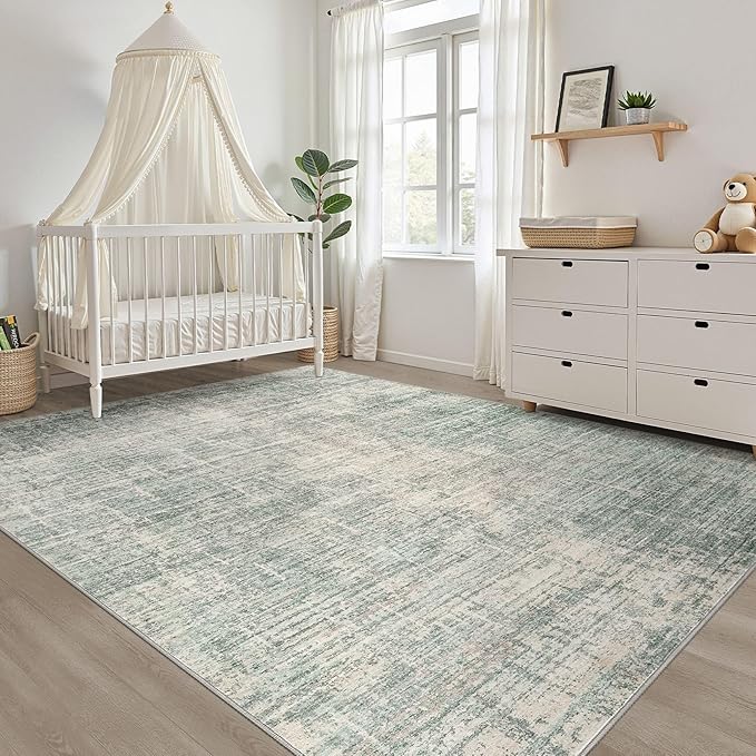 9x12 Area Rug Living Room: Washable Large Neutral Green Rugs Abstract Soft Modern Stain Resistant Indoor Floor Non-Slip Carpet for Bedroom Nursery Kids Office Playroom Dining Room Under Table Home