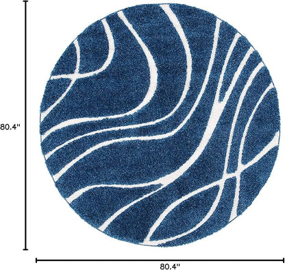 SAFAVIEH Florida Shag Collection Area Rug - 6'7" Round, Navy & Ivory, Non-Shedding & Easy Care, 1.2-inch Thick Ideal for High Traffic Areas in Living Room, Bedroom (SG471-6512)