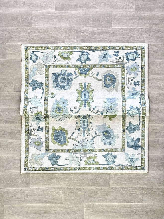 Fame Living Green Oushak Rug, Modern, Vintage, Turkish, Eclectic, Floral, Pastel, Washable, Area Rugs for Living Room, Dining, Bedroom, Office, Entryway, Foyer, Playroom, Nursery, 5'x6'9"