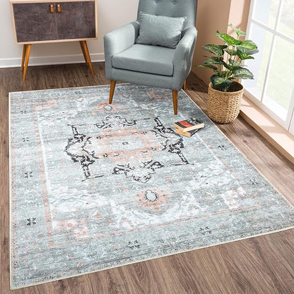 Bloom Rugs Washable Non-Slip 5' x 7' Rug - Gray/Coral Pink Traditional Area Rug for Living Room, Bedroom, Dining Room, and Kitchen - Exact Size: 5' x 7'