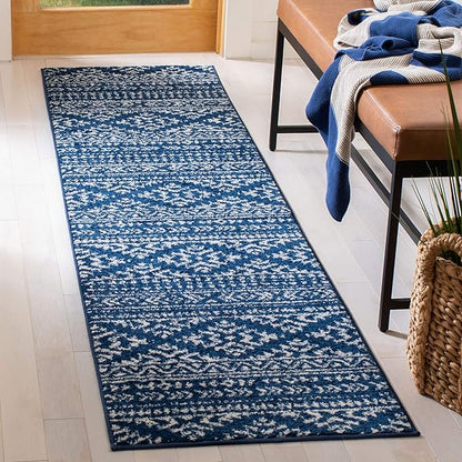 SAFAVIEH Tulum Collection Runner Rug - 2' x 21', Navy & Ivory, Moroccan Boho Tribal Design, Non-Shedding & Easy to Clean, Ideal for Living Room, Hallway, Foyer, Bedroom (TUL272N)