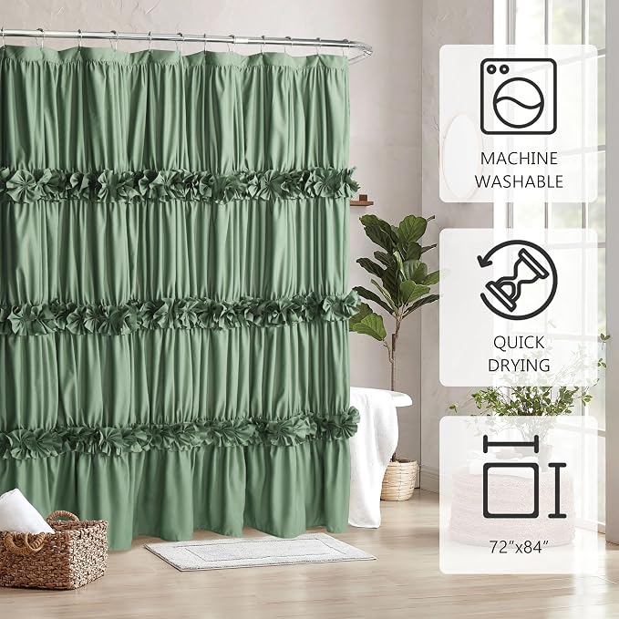 Light Green Ruffle Shower Curtain 72“ W x 84” H, Vintage Handcrafted Bow Tie - Image 4