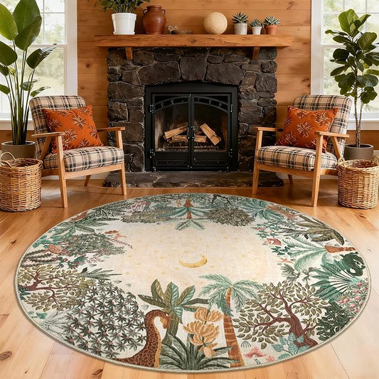 GarveeHome Round Area Rugs 8ft for Living Room, Large Beige Jungle Washable by GarveeHome