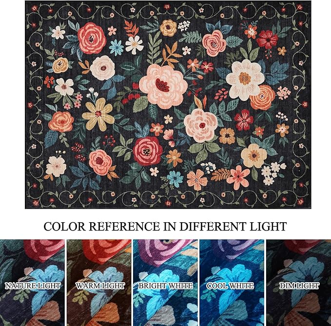 DUKINO 3x5 Area Rug, Floral Rugs for Living Room, Lightweight Non Slip Washable Rug, Indoor Low Pile & Non-Shedding Boho Design Rugs for Bedroom, Living Room, Dining Room, Black